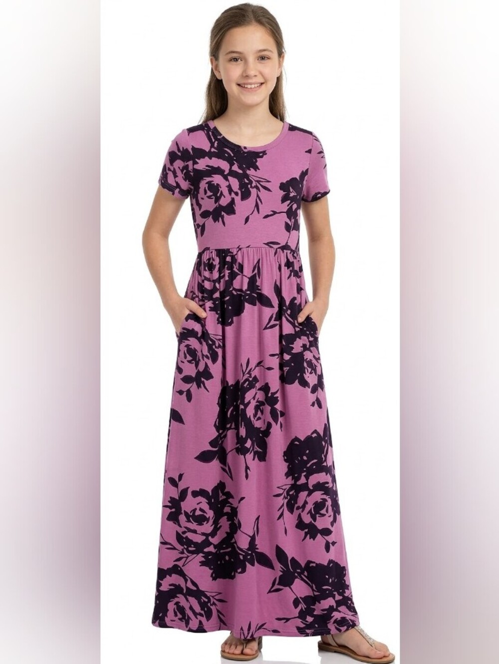 GORLYA Girl’s Maxi Dress 14Y Purple Floral Print Short Sleeve w/Pockets NWT